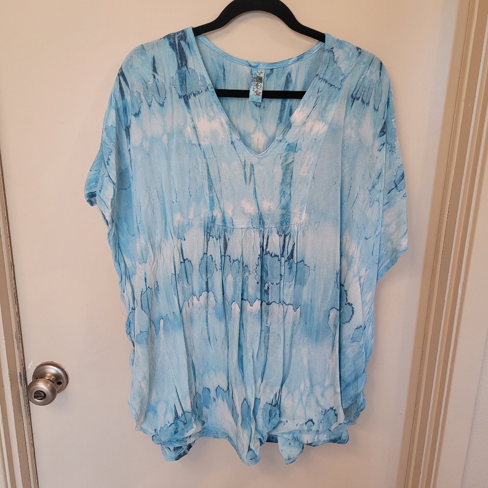 India Boutique Women's Top One Size Gauzy Flowy Blue White Tie-Dye EUC